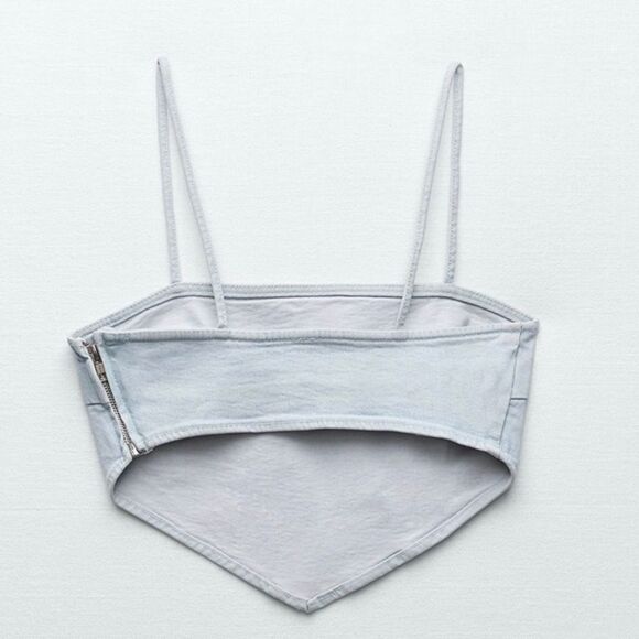 Zara Corset Style V-Hem Cami Crop Top Light Bleach Wash Stretch Denim NWT - Picture 2 of 6